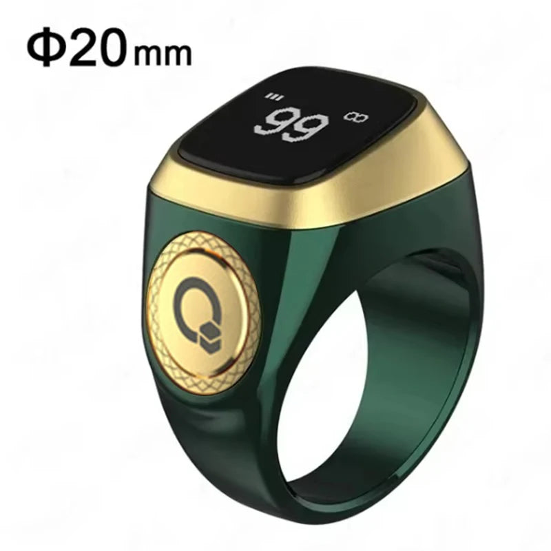 Smart green tasbih ring with digital display on a white background