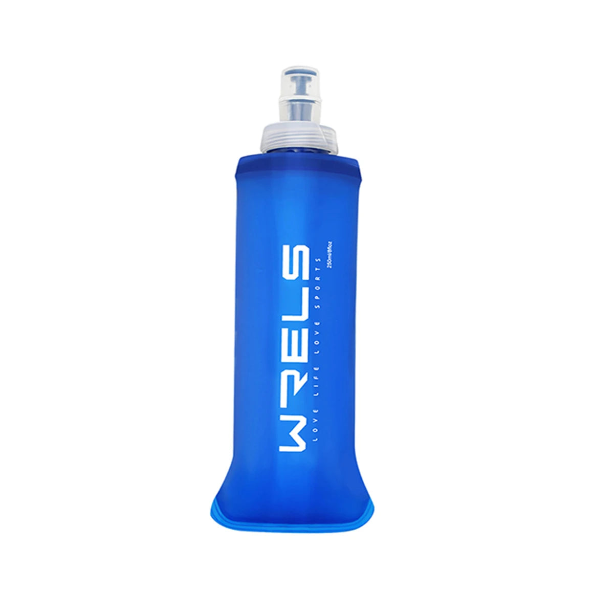 Blue WELS flexible water bottle on a white background