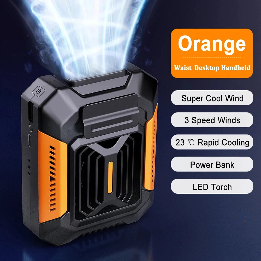 Orange and black handheld device with cooling fan, power bank, and LED torch on a dark background perfect for hajj and umrah pilgrims.