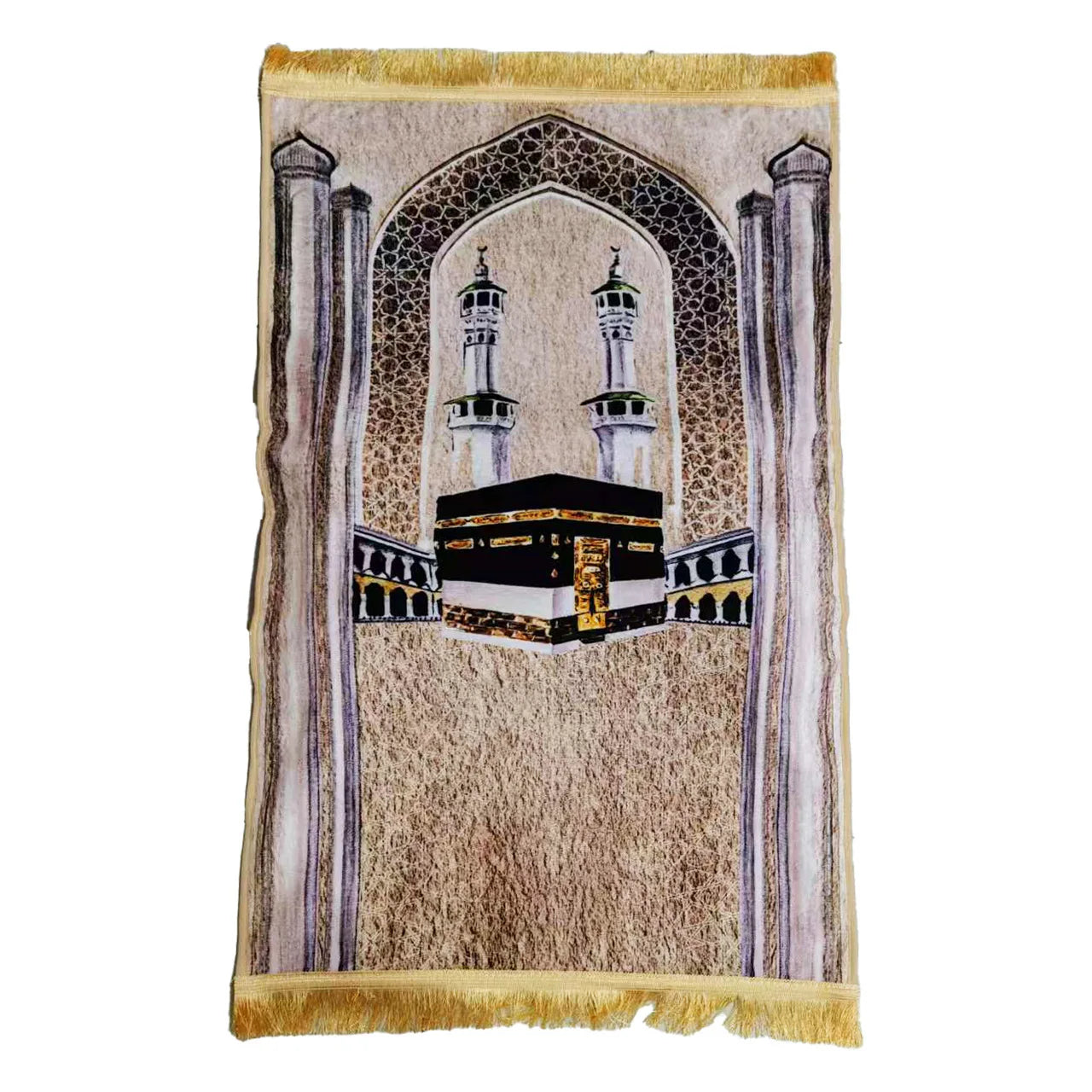 Prayer rug with Kaaba design on a white background