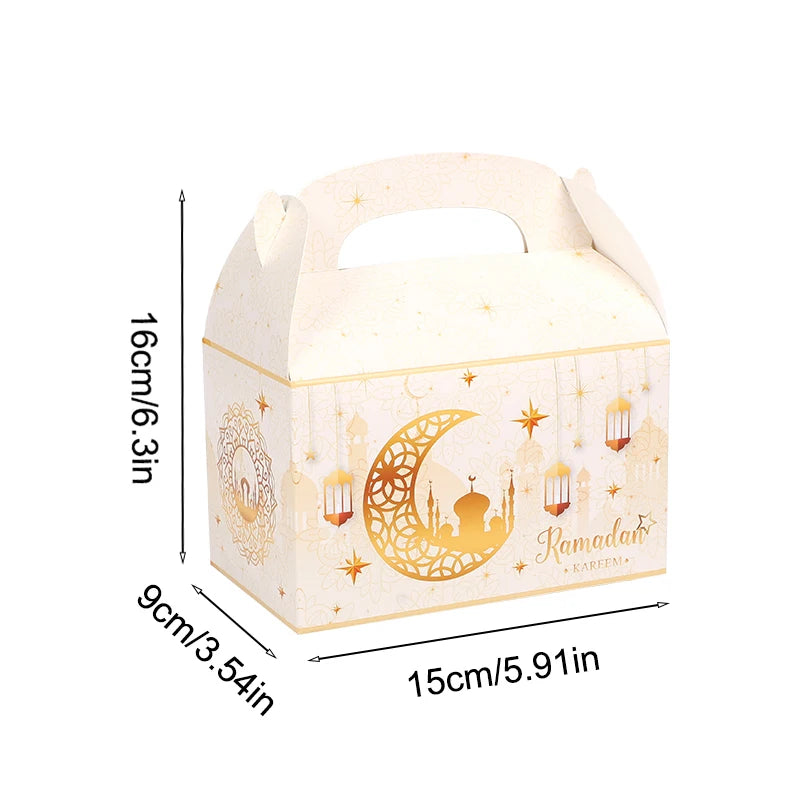 White gift box with gold Ramadan design and dimensions on a white background