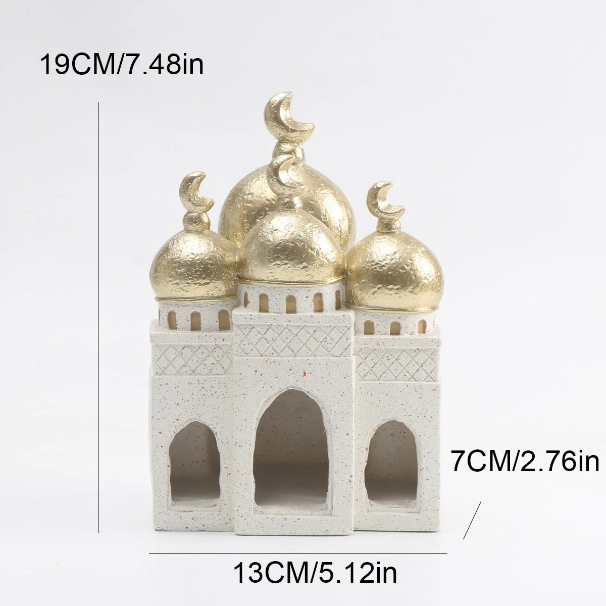 Decorative miniature model of a building with gold domes and white base, showing dimensions on a light gray background.