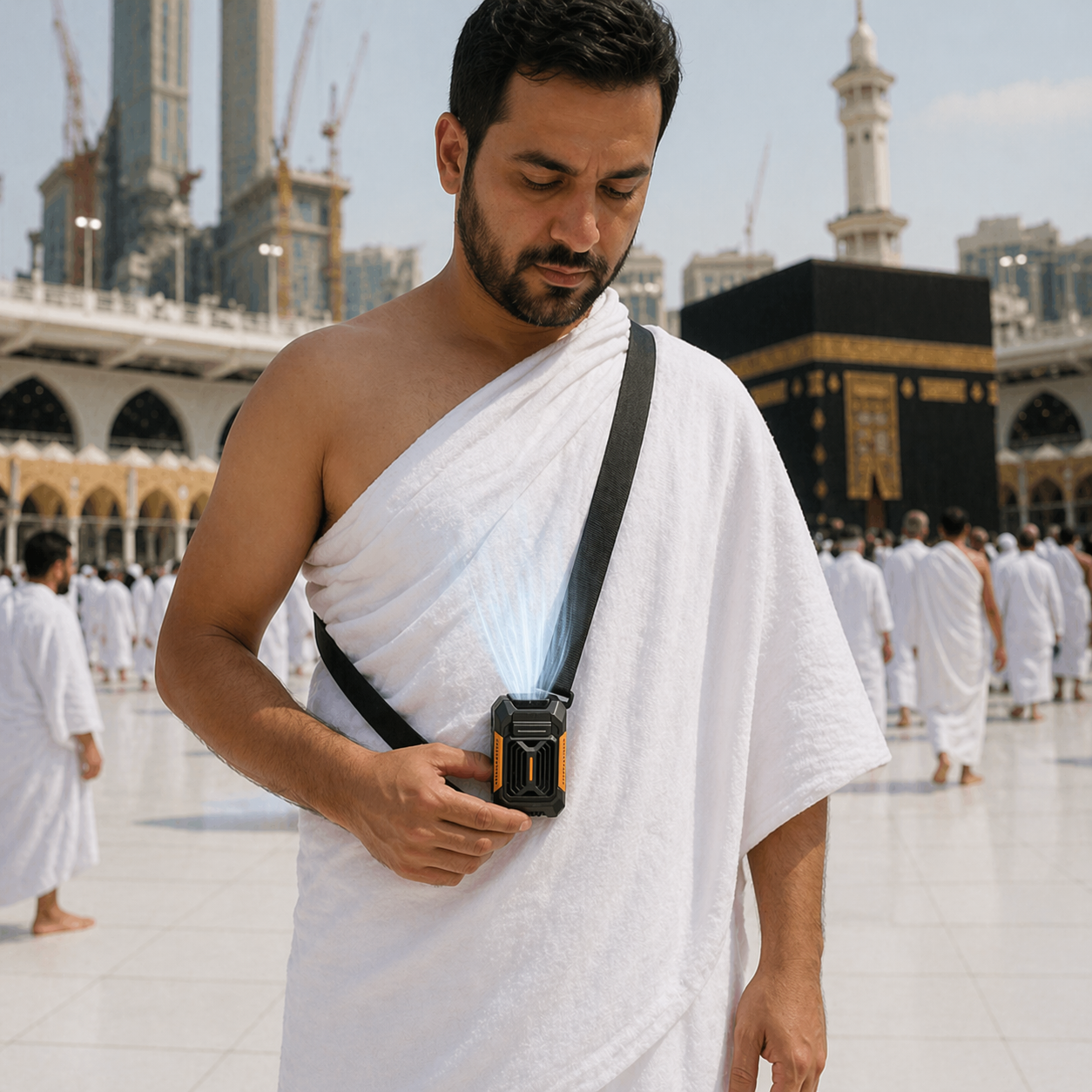 Man in white Ihram holding a portable cooling device during Hajj or Umrah with Kaaba in the background
