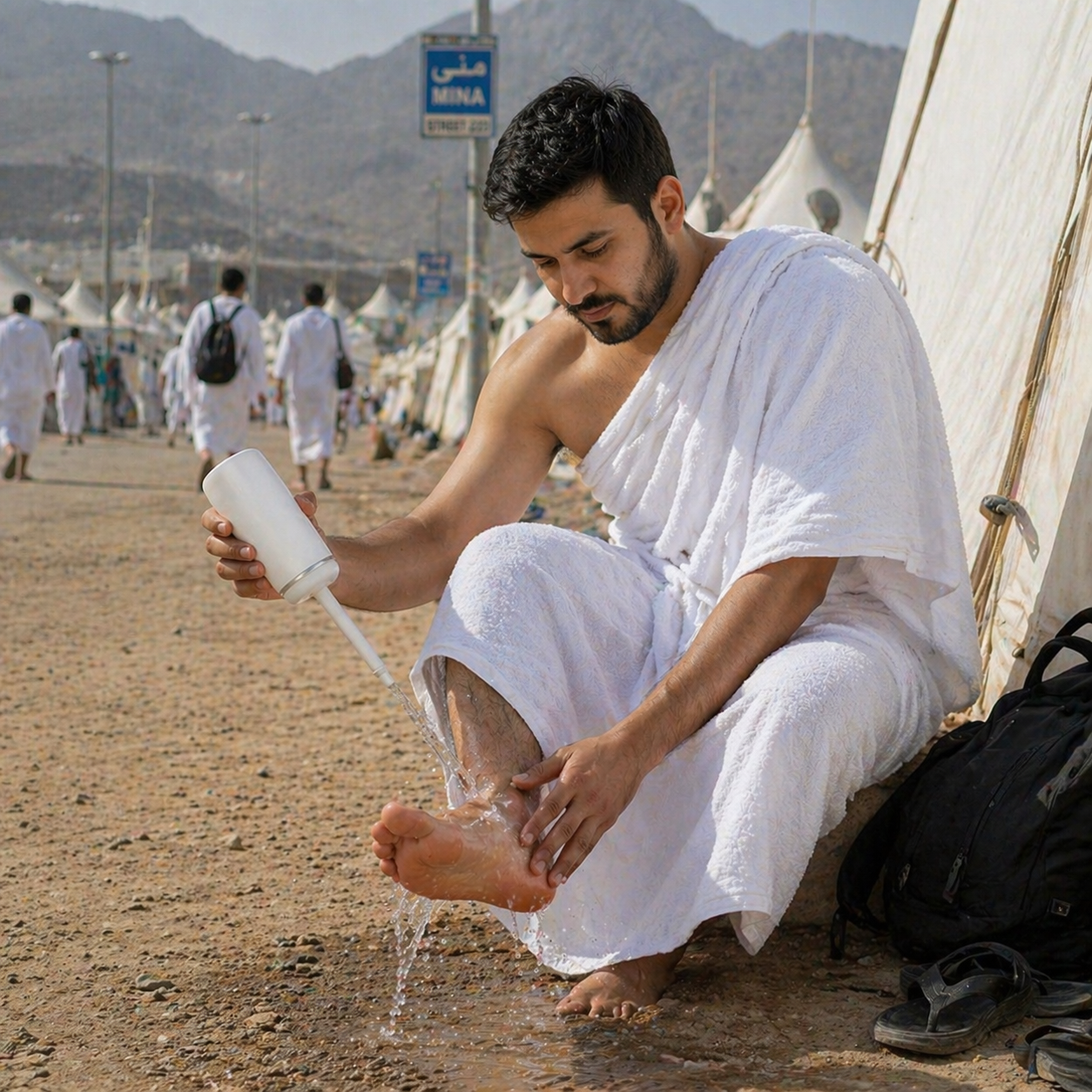 Man in white Ihram making wadu by putting water to his foot in a desert setting with tents and mountains in the background. for hajj and umrah pilgrims.