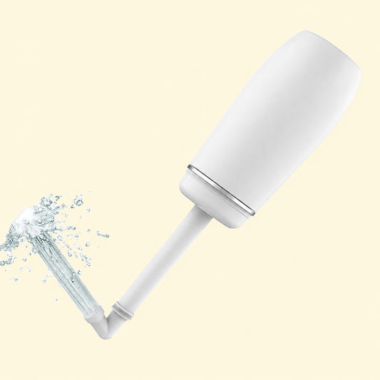 White portable wadu bottle with water flowing against a beige background
