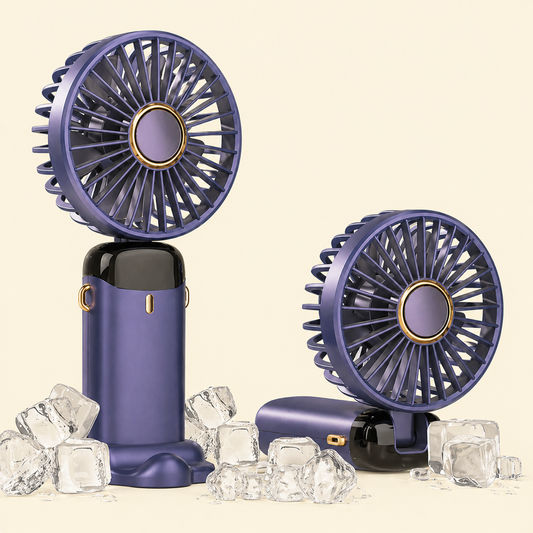 Purple handheld fan with ice cubes on a beige background perfect for hajj and umrah travel