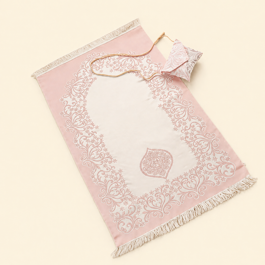portable Pink Islamic prayer mat with white embroidery on a beige background perfect for Hajj and Umrah pilgrim Travel