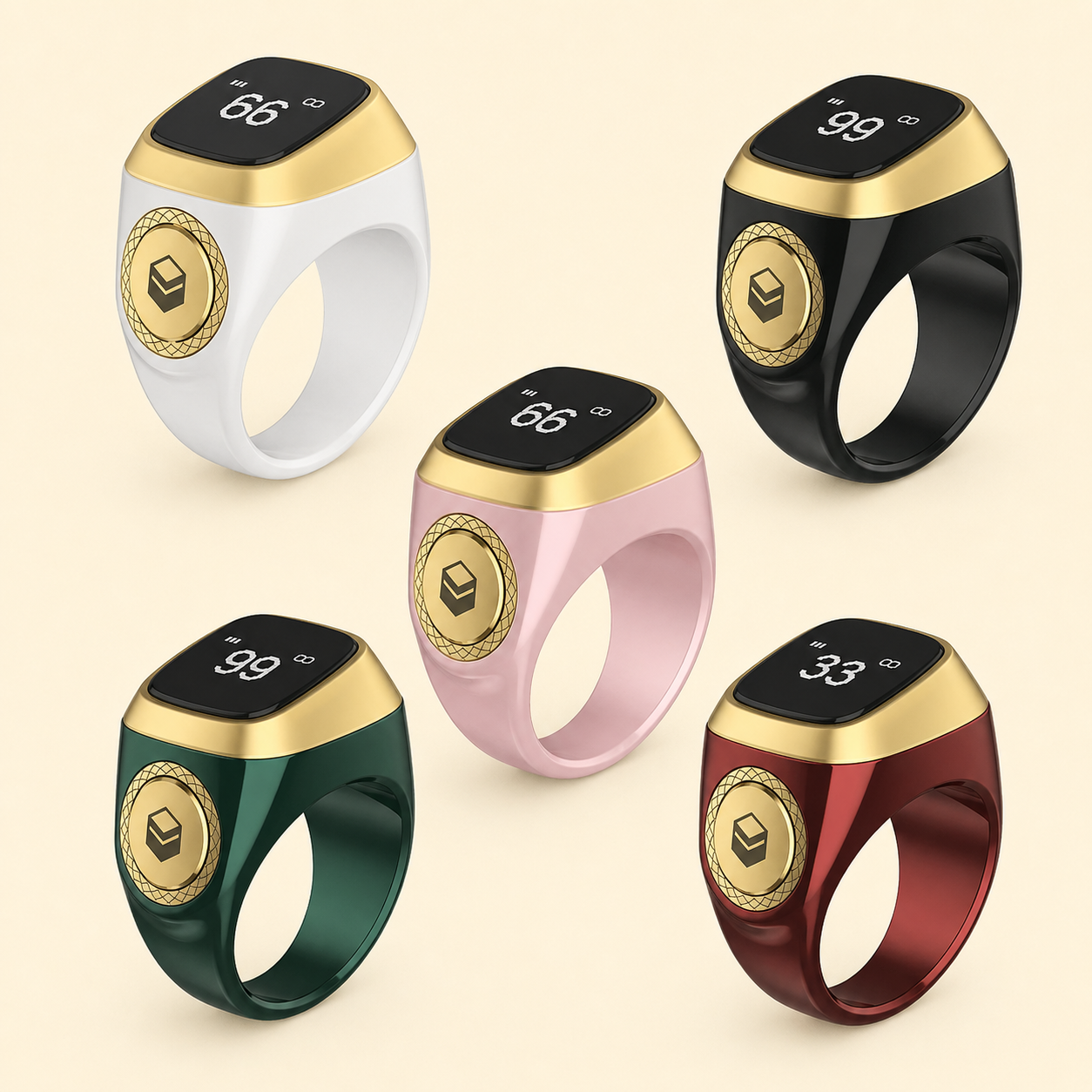 Five smart tasbih rings with gold bands and black display screens on a beige background