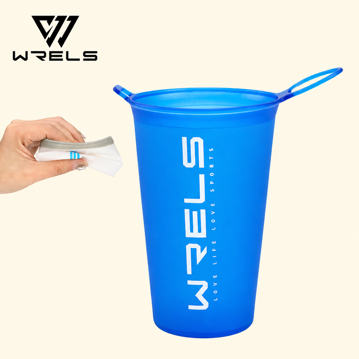 Blue WELS sports cup with a hand holding a cleaning tool on a beige background