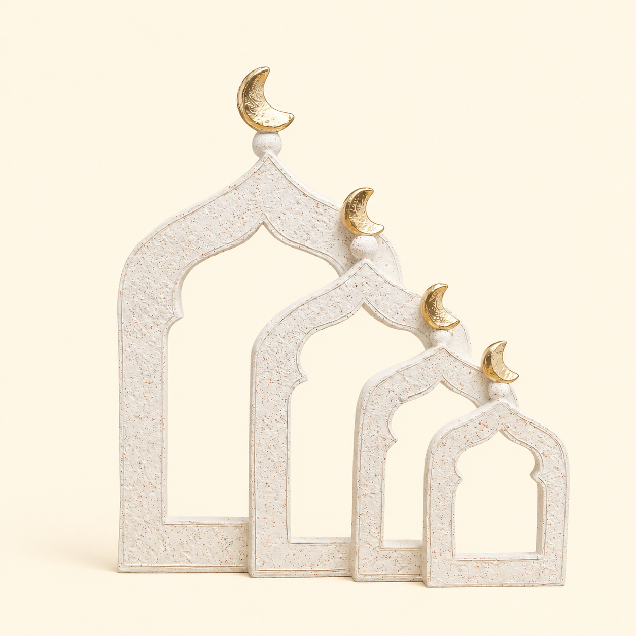 Decorative arches with gold crescent moons on a beige background