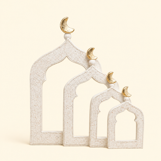 Decorative arches with gold crescent moons on a beige background