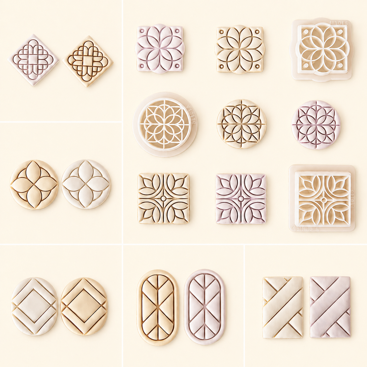 Set of Islamic decorative wooden stamps with geometric patterns on a light background