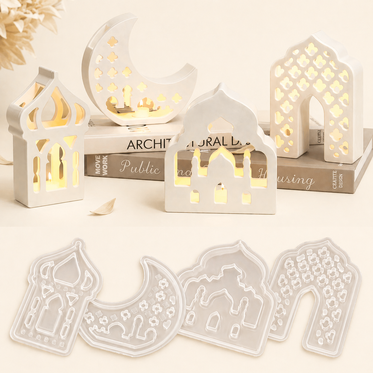 Decorative Islamic white lanterns with cut-out designs on a light background