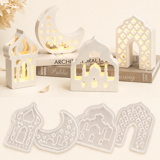 Decorative Islamic white lanterns with cut-out designs on a light background