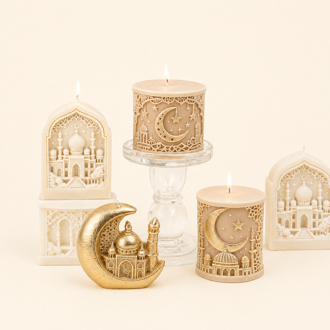 Decorative Islamic candles DIY set with architectural designs of Moon, stars and mosque on a beige background