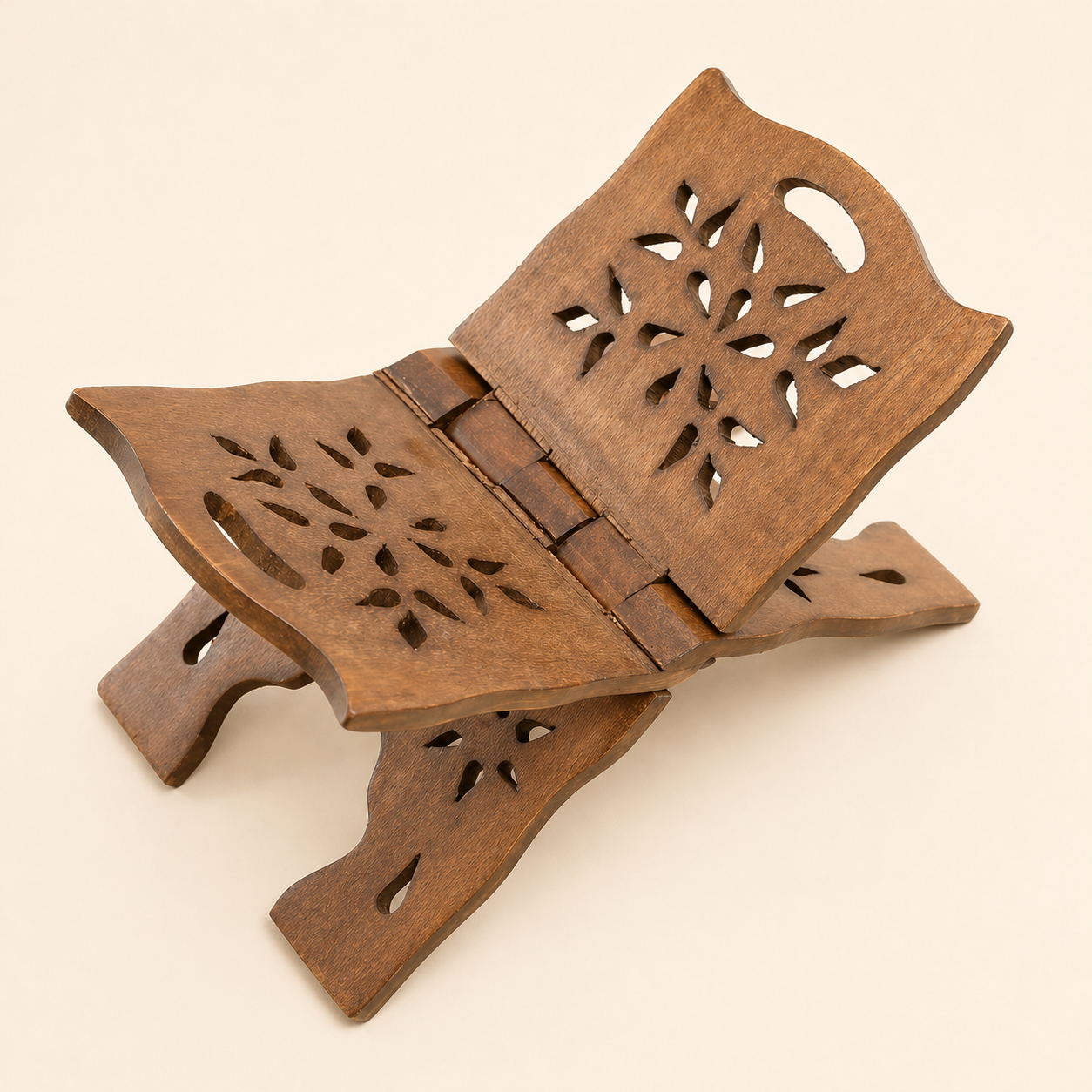 Islamic Wooden Quran book stand with intricate carvings on a beige background