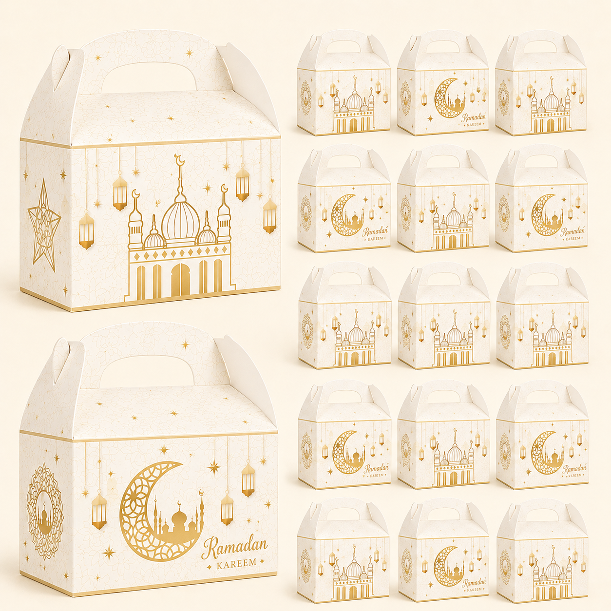 White gift boxes with gold Ramadan designs on a white background