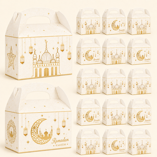 White gift boxes with gold Ramadan designs on a white background
