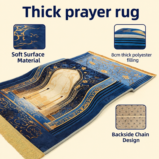 Decorative prayer rug with text highlighting features on a beige background Luxury Islamic Prayer Rug Hajj Umrah Travel