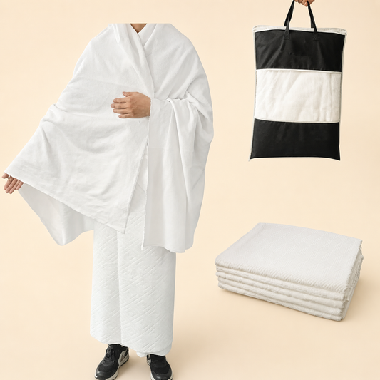premium Ihram set worn by a man for umrah or hajj which comes packed in a black pouch