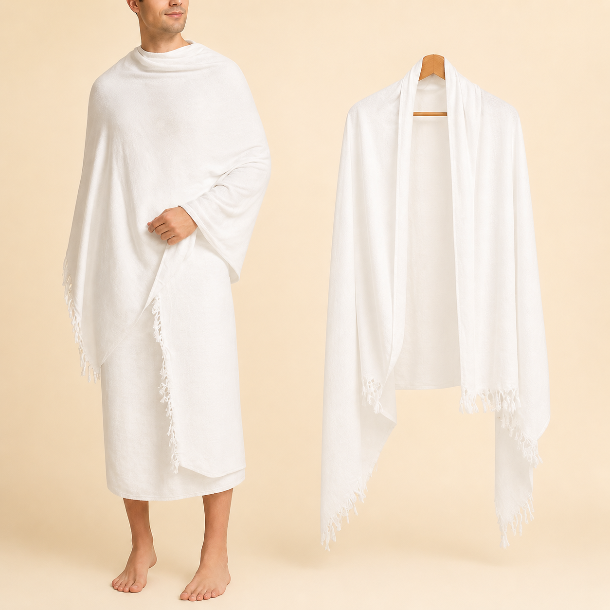 White Ihram for Umrah And Hajj pilgrimage draped over a person and on a mannequin against a beige background
