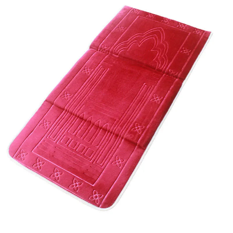 Pink soft memory foam Islamic Prayer mat with back rest and  embossed patterns on a white background