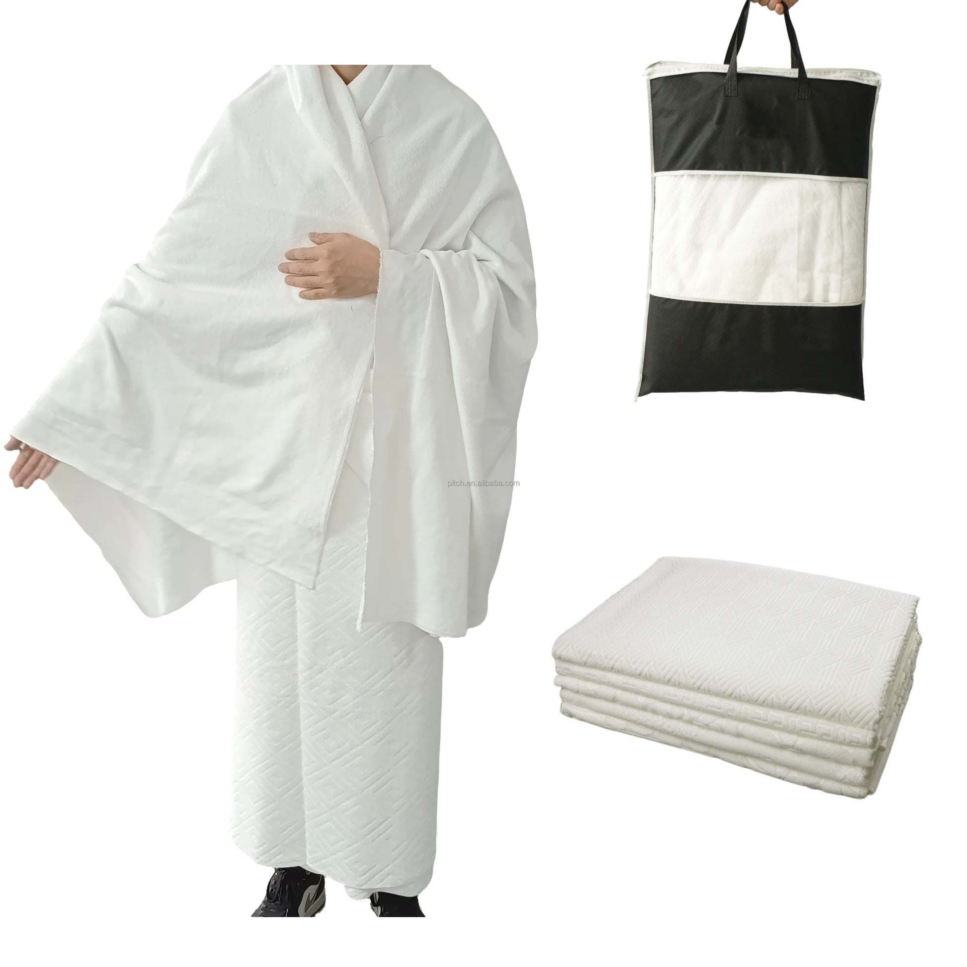 premium Ihram set worn by a man for umrah or hajj which comes packed in a black pouch