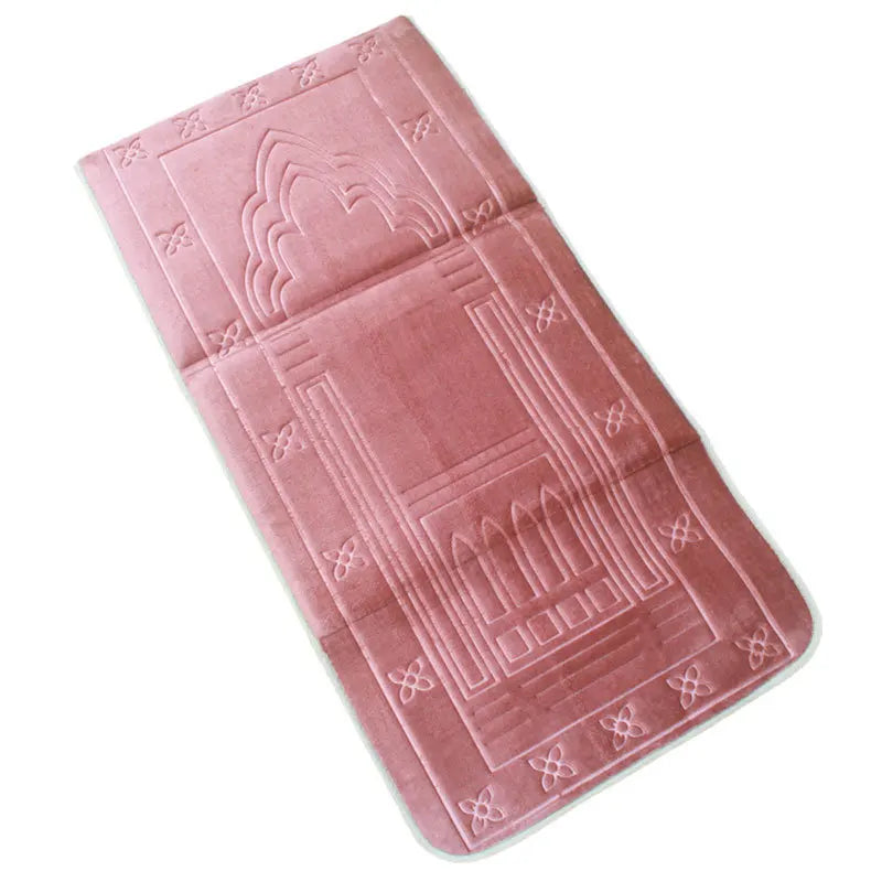 Pink soft memory foam Islamic prayer  mat with back rest with intricate design on a white background 