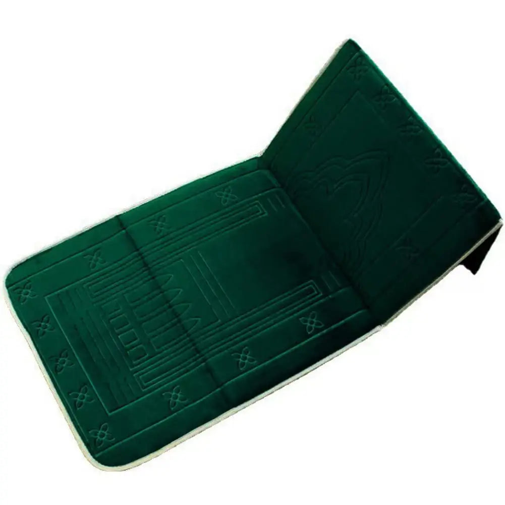 Green textured Islamic Prayer mat with back rest with memory foam and with patterns on a white background