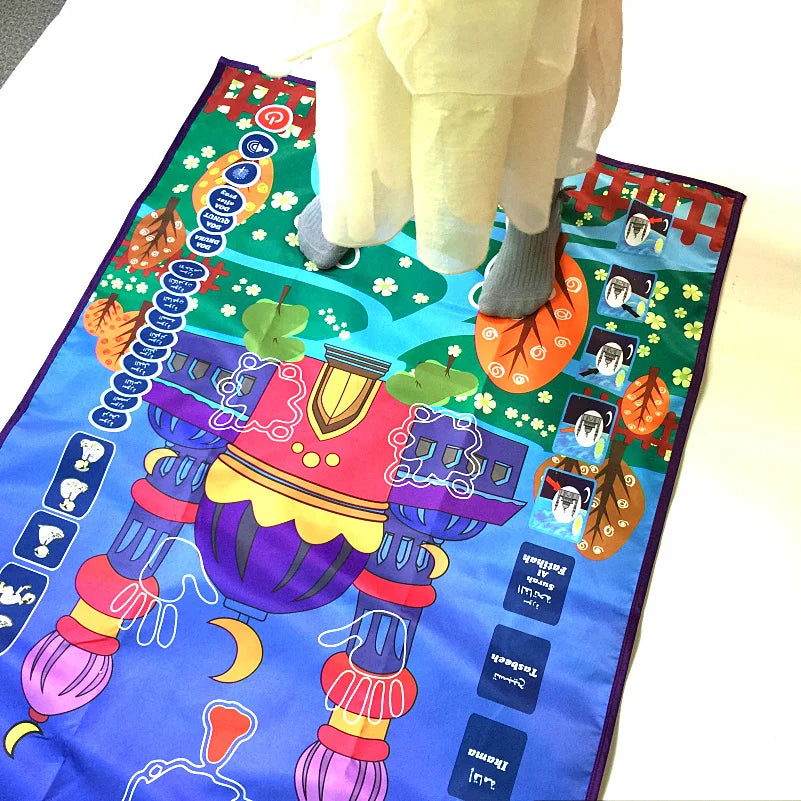 Colorful kids prayer rug with cartoon robot design on a white background
