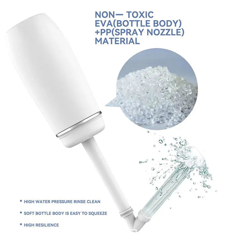 White cleaning tool with text about material composition and features on a white background