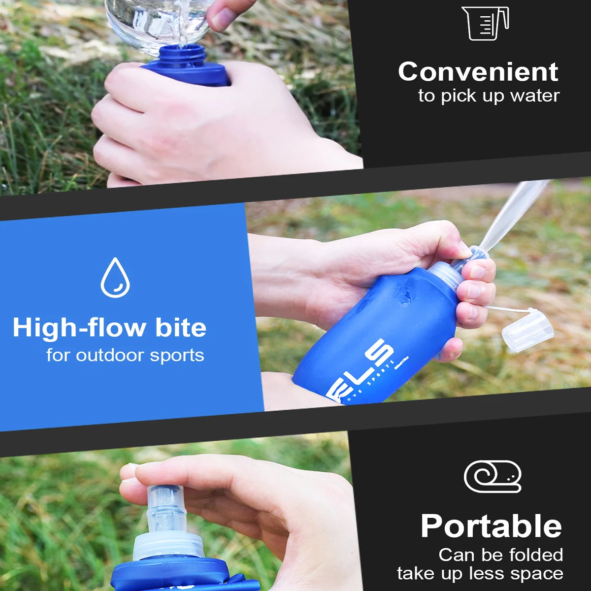 Blue water bottle with various features highlighted on a grassy background