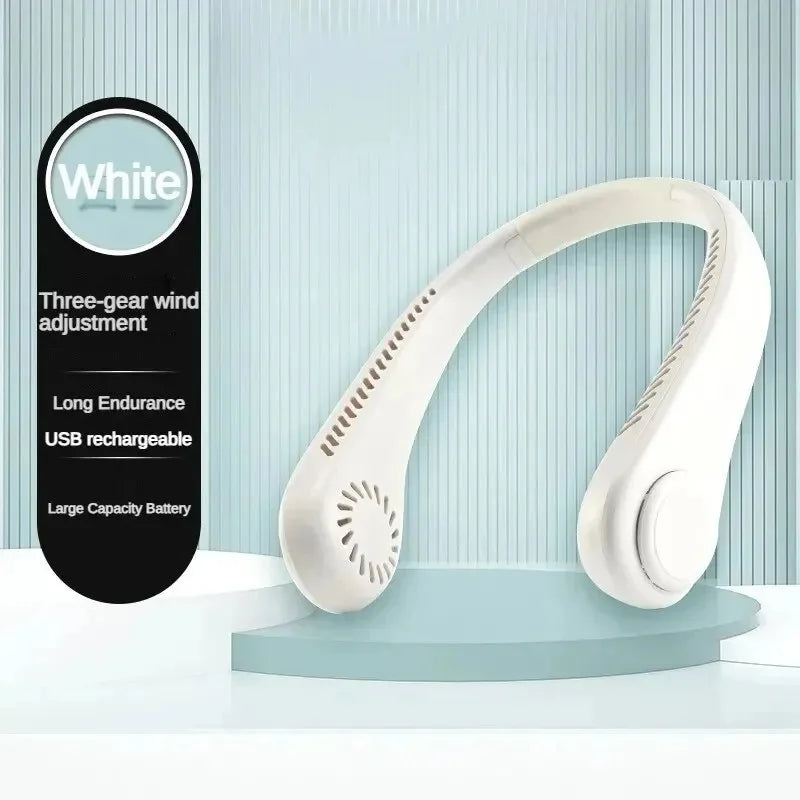 White neck fan with features listed on a light blue background