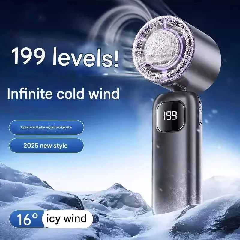 Portable fan with digital display on a snowy background, highlighting '199 levels' and 'infinite cold wind'. perfect for hajj and umrah pilgrims