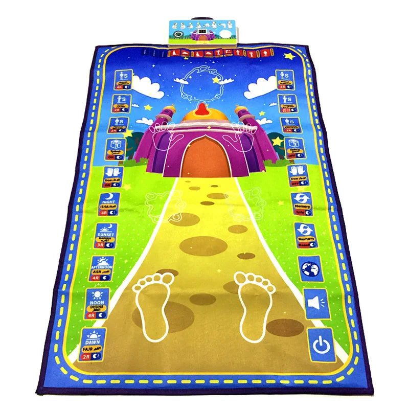 Colorful children's interactive play prayer mat with cartoon castle design on a white background