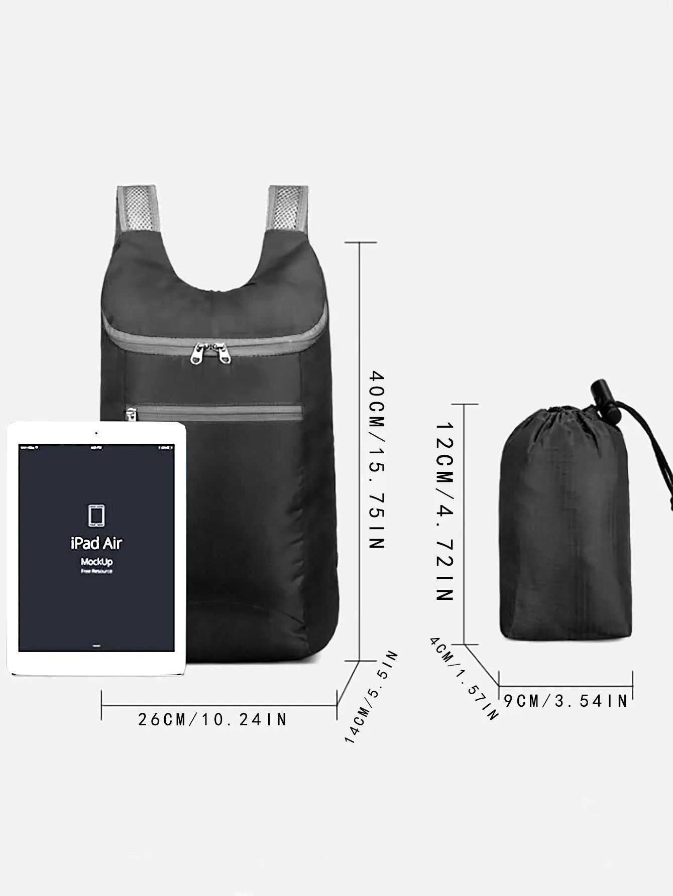 Black folding bag with measurements and an iPad mockup on a white background for hajj and umrah pilgrimage