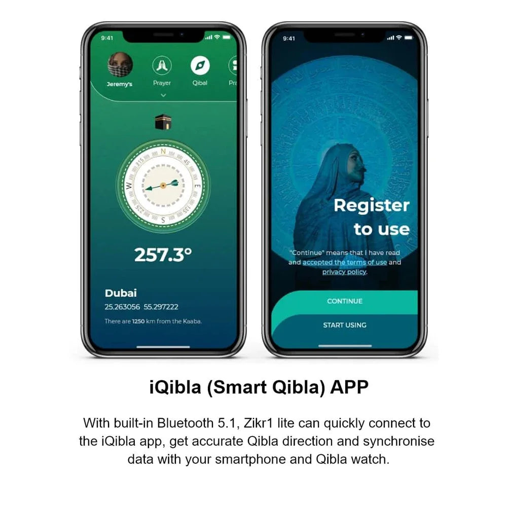 Two smartphones displaying the iQibla app interface on a white background