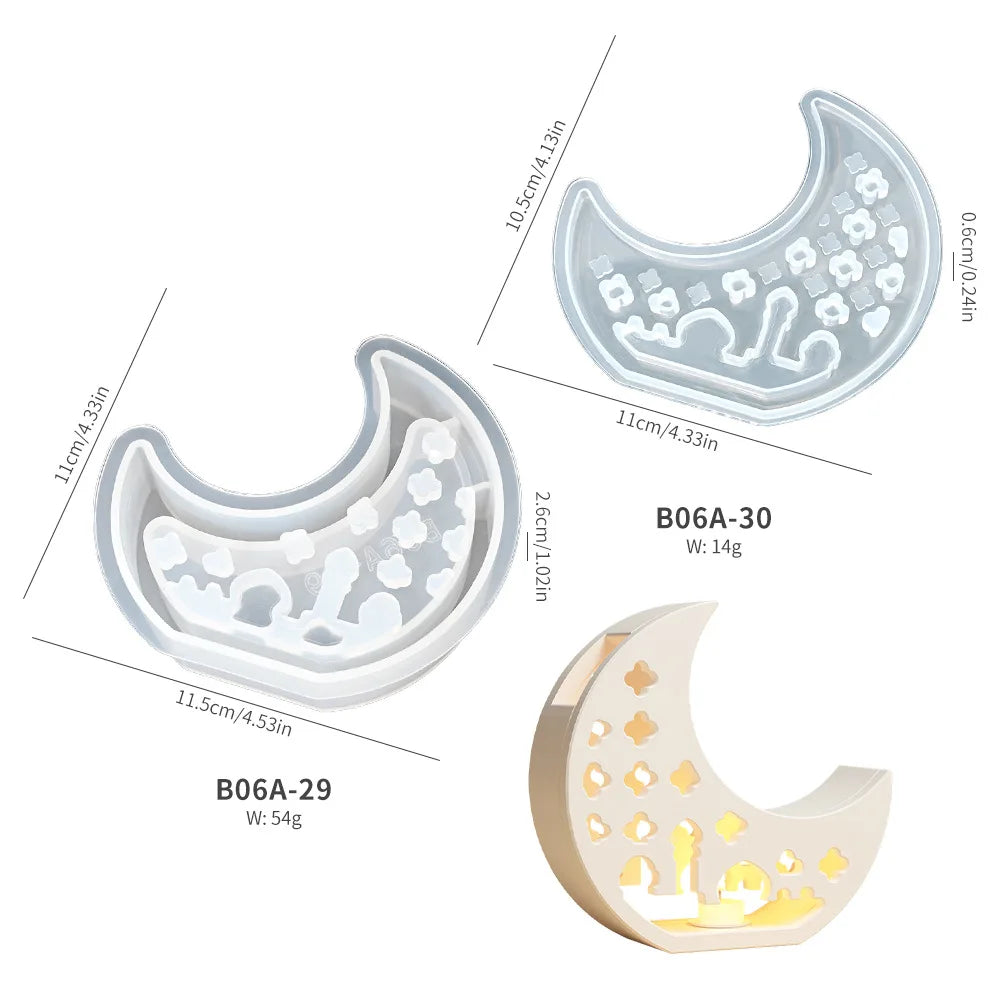 Moon-shaped DIY mold with measurements and weight details on a white background