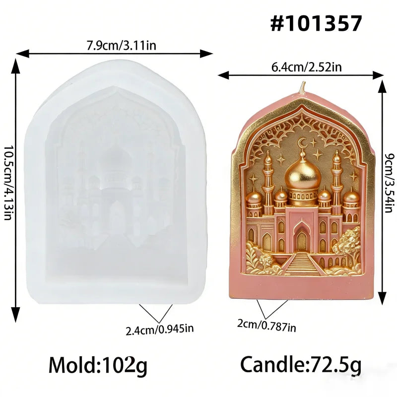 Silicone mold of a mosque design with dimensions and weight details on a white background