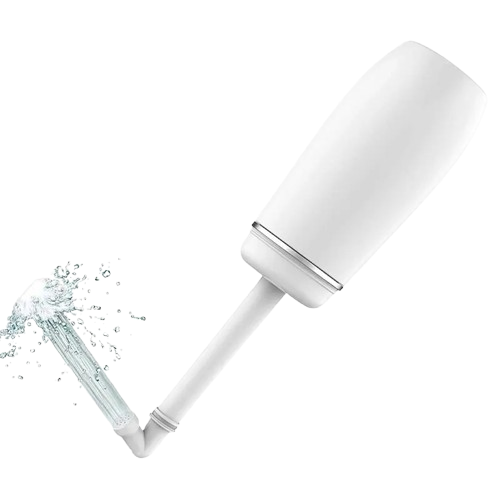 White portable wadu bottle with water flowing on a white background