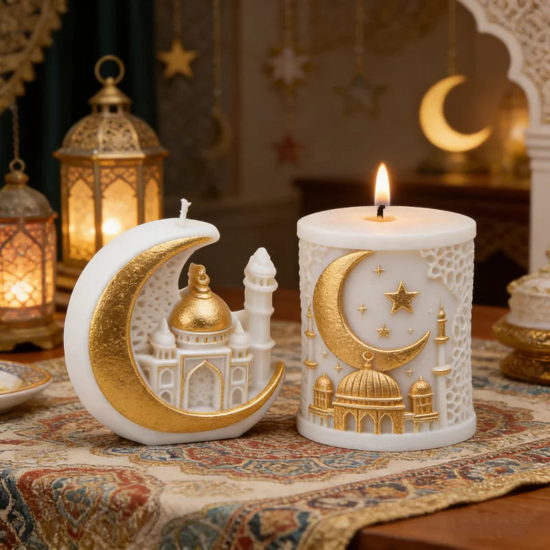 Decorative candle and moon-shaped ornament with intricate designs on a patterned surface.