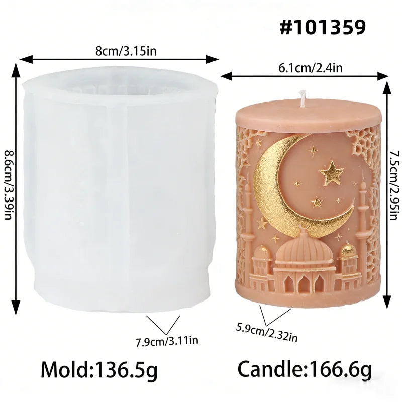 Measurement chart comparing a mold and a candle with decorative elements on a white background.