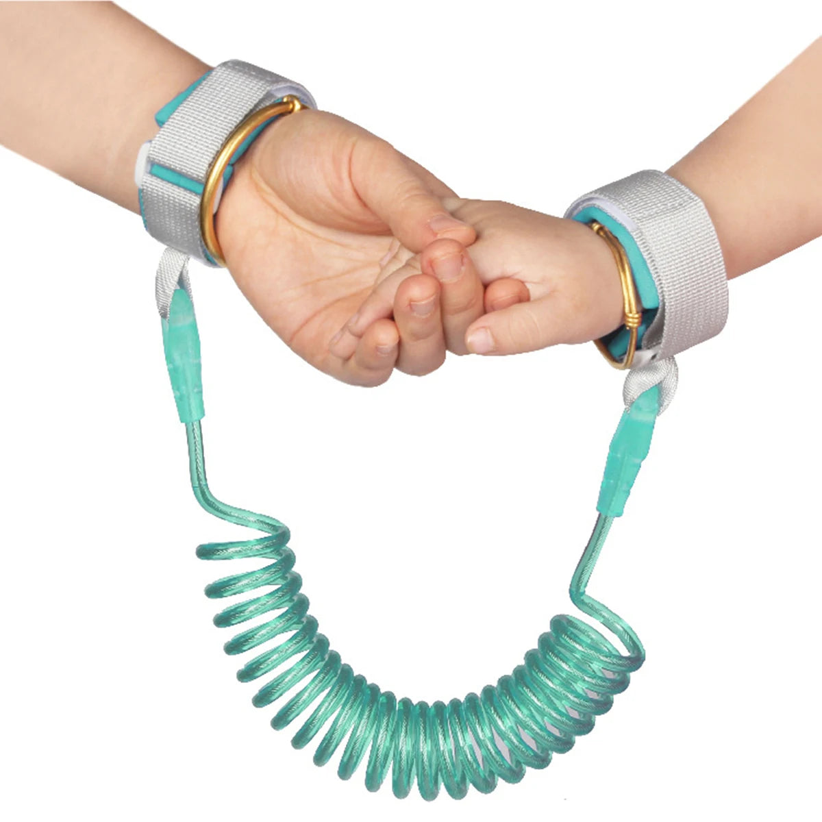 Two hands holding hands with a green coiled safety wrist leash on a white background
