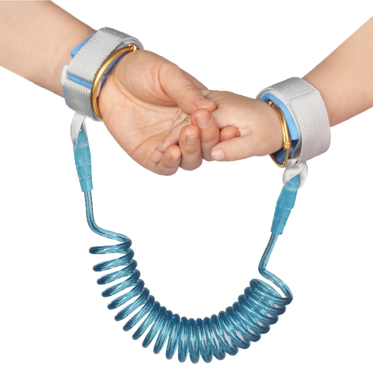 Two hands holding hands with a blue coiled wrist safety leash on a white background