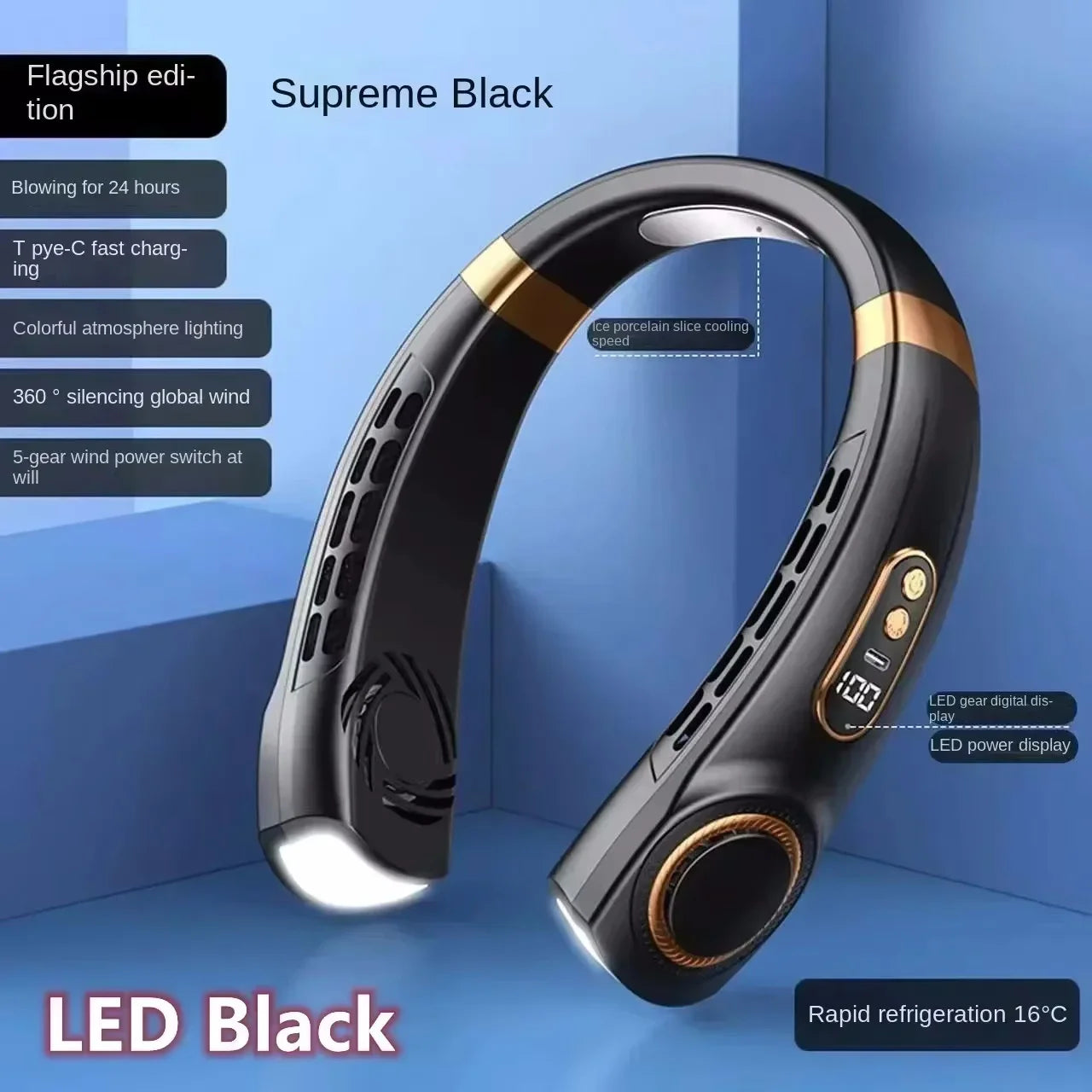 Black and gold cooling neckband device with LED display on a blue background perfect for hajj and umrah pilgrims