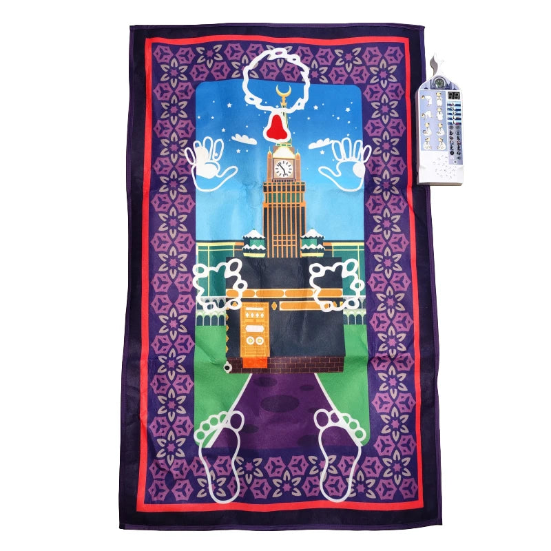 Colorful Decorative Islamic Interactive educational prayer mat for kids with architectural design and footprints on a white background