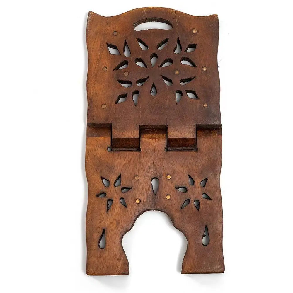 Wooden Quran folding Book Stand with decorative cut-out design on a white background