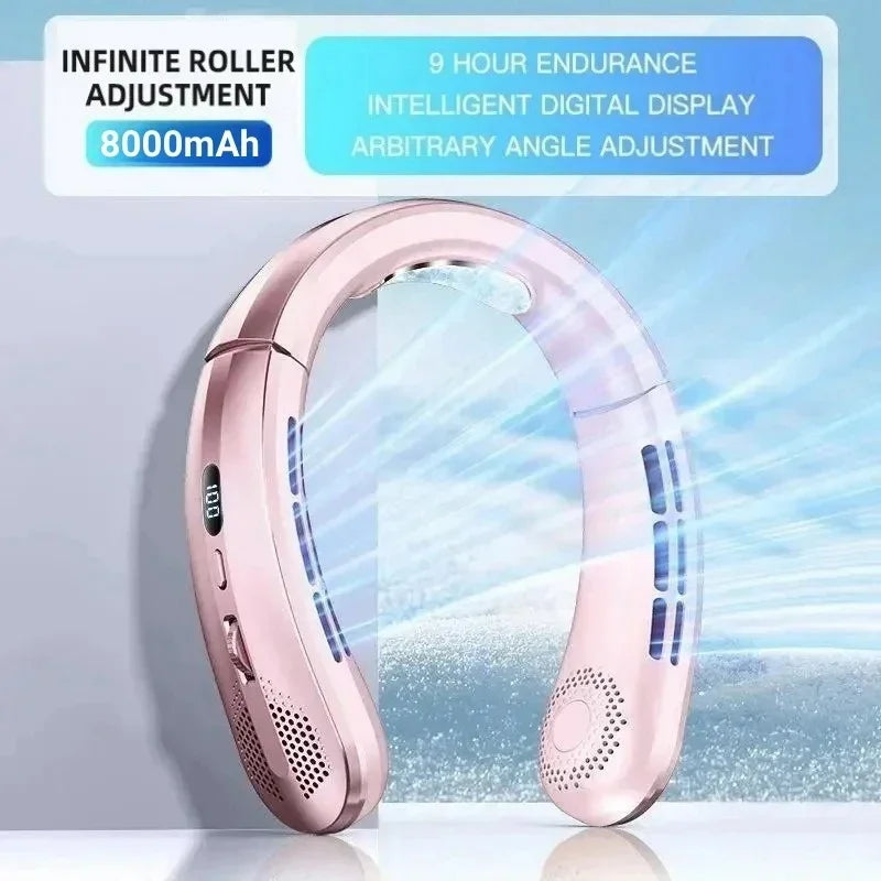 Pink electronic portable neck band cooling device with text highlighting features on a light blue background