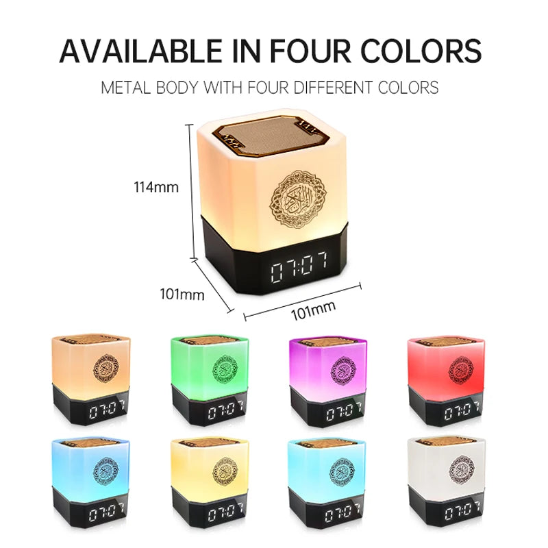 Cube-shaped digital clock with metal body and four different color options, shown with dimensions and text indicating availability in four colors.