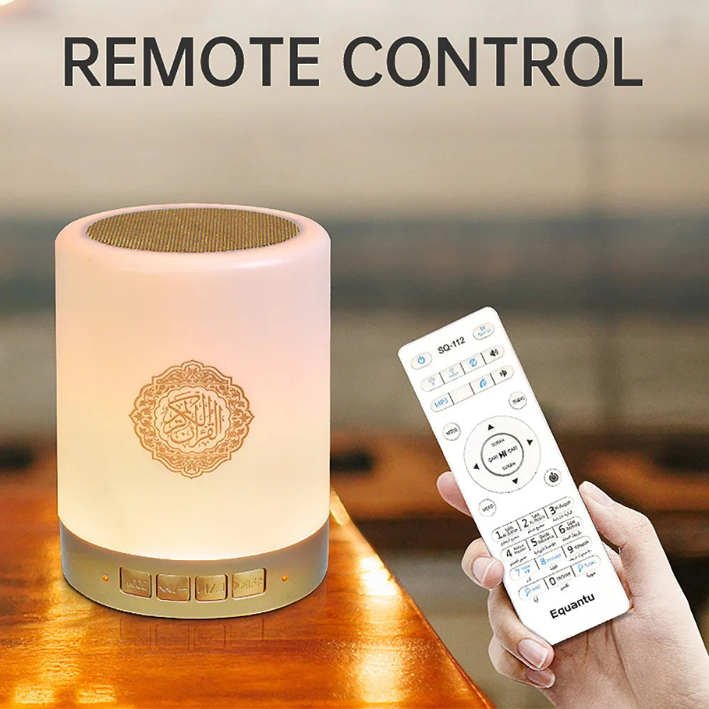 Lamp Bluetooth speaker with remote control on a wooden surface, with 'REMOTE CONTROL' text above.